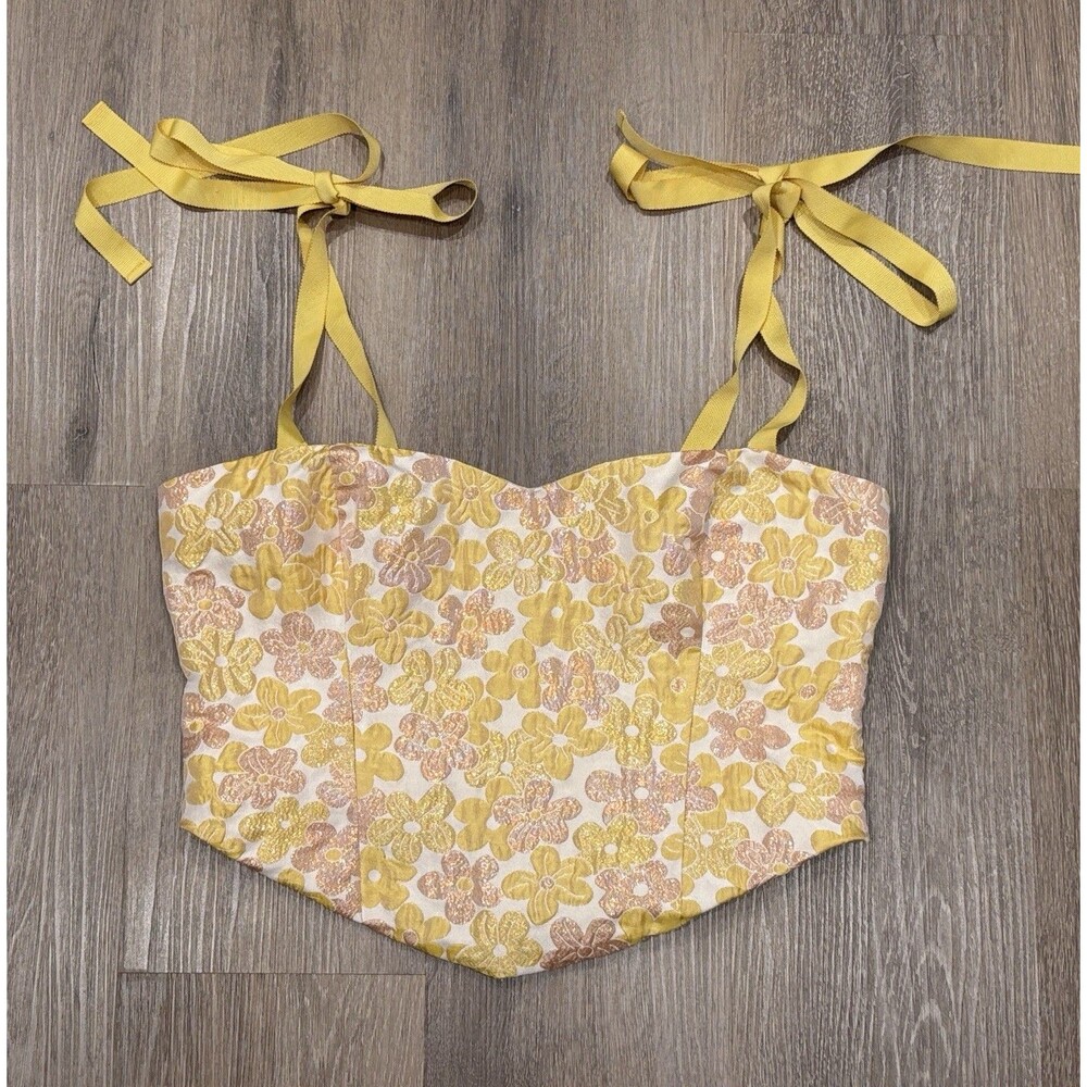 Reformation Floral Metallic Jacquard Tie Strap Corset Top Yellow Size 12